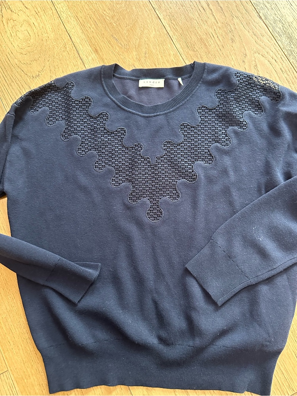 Sandro Paris Crewneck Knit Sweater with Lace Insert